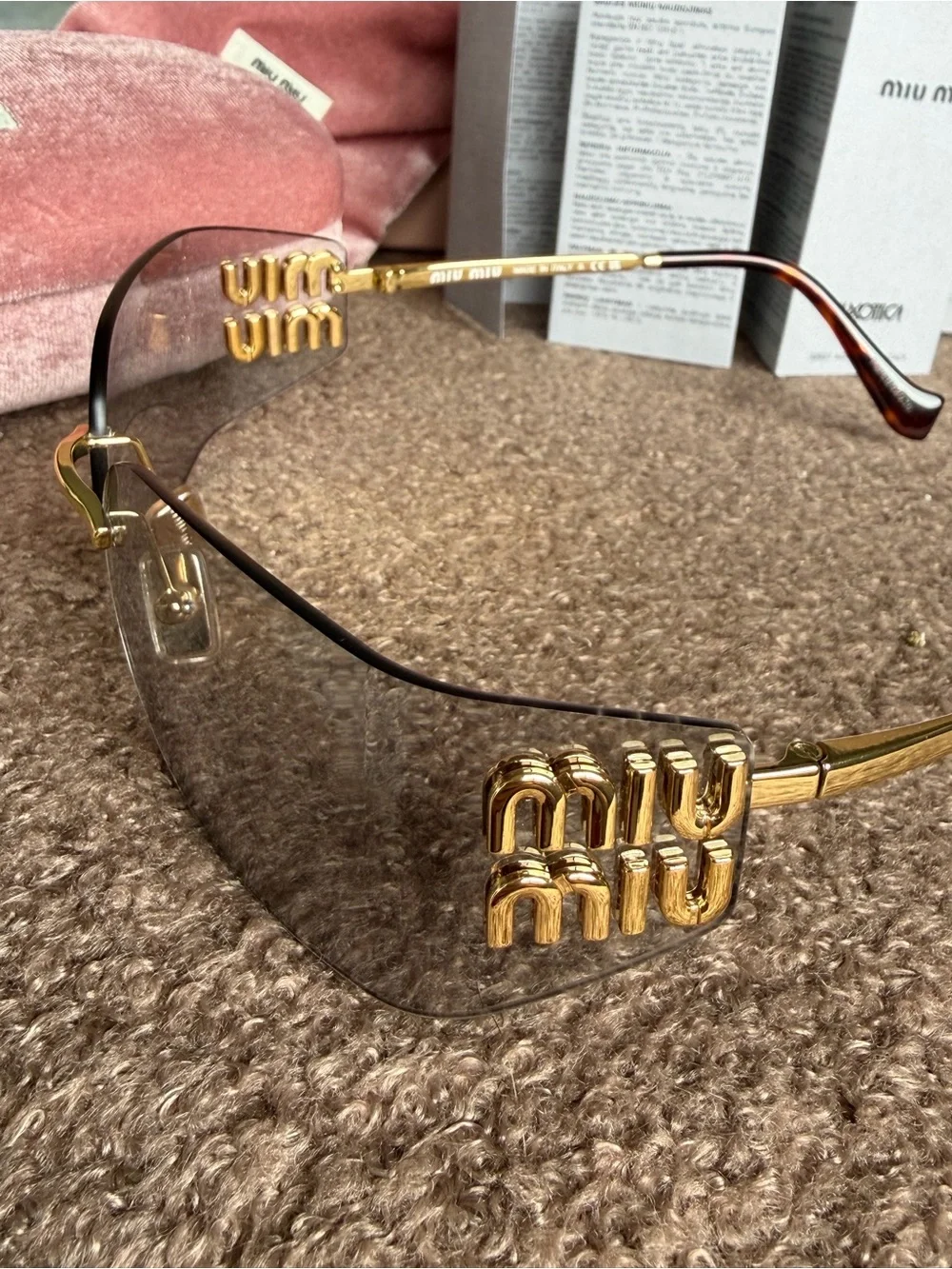 Miu Miu Gold Rim Shield Sunglasses with Pink Velvet Case